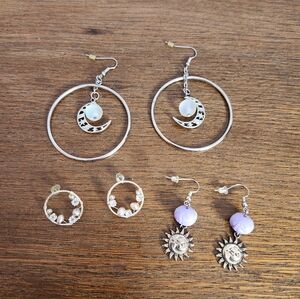 Crescent Moon And Celestial Sun And Wire Wrapped Hoops With Pearls, Its Studded